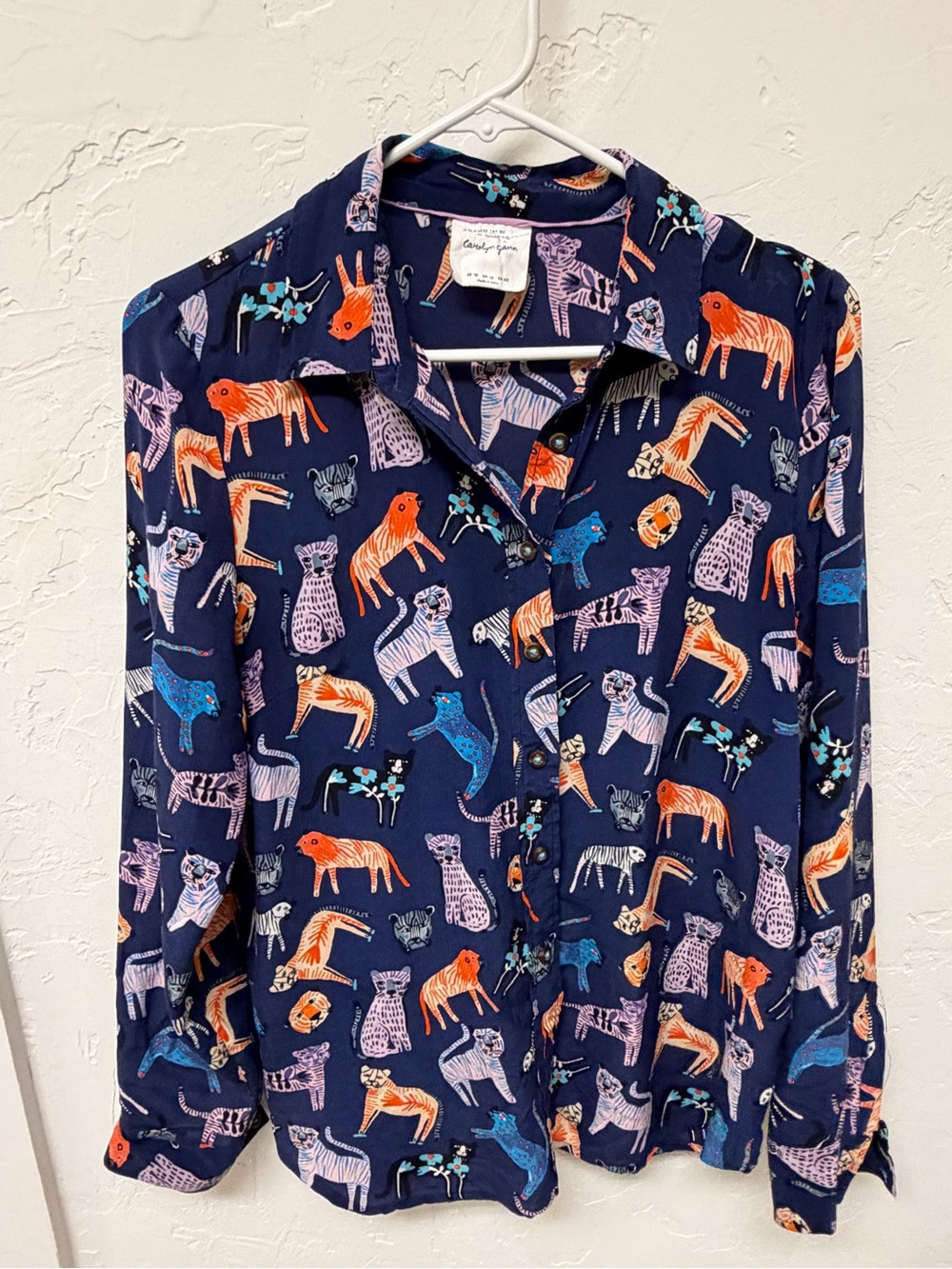 Anthropologie x Carolyn Gavin | Mariposa blouse | 100% silk button up in Big Cat